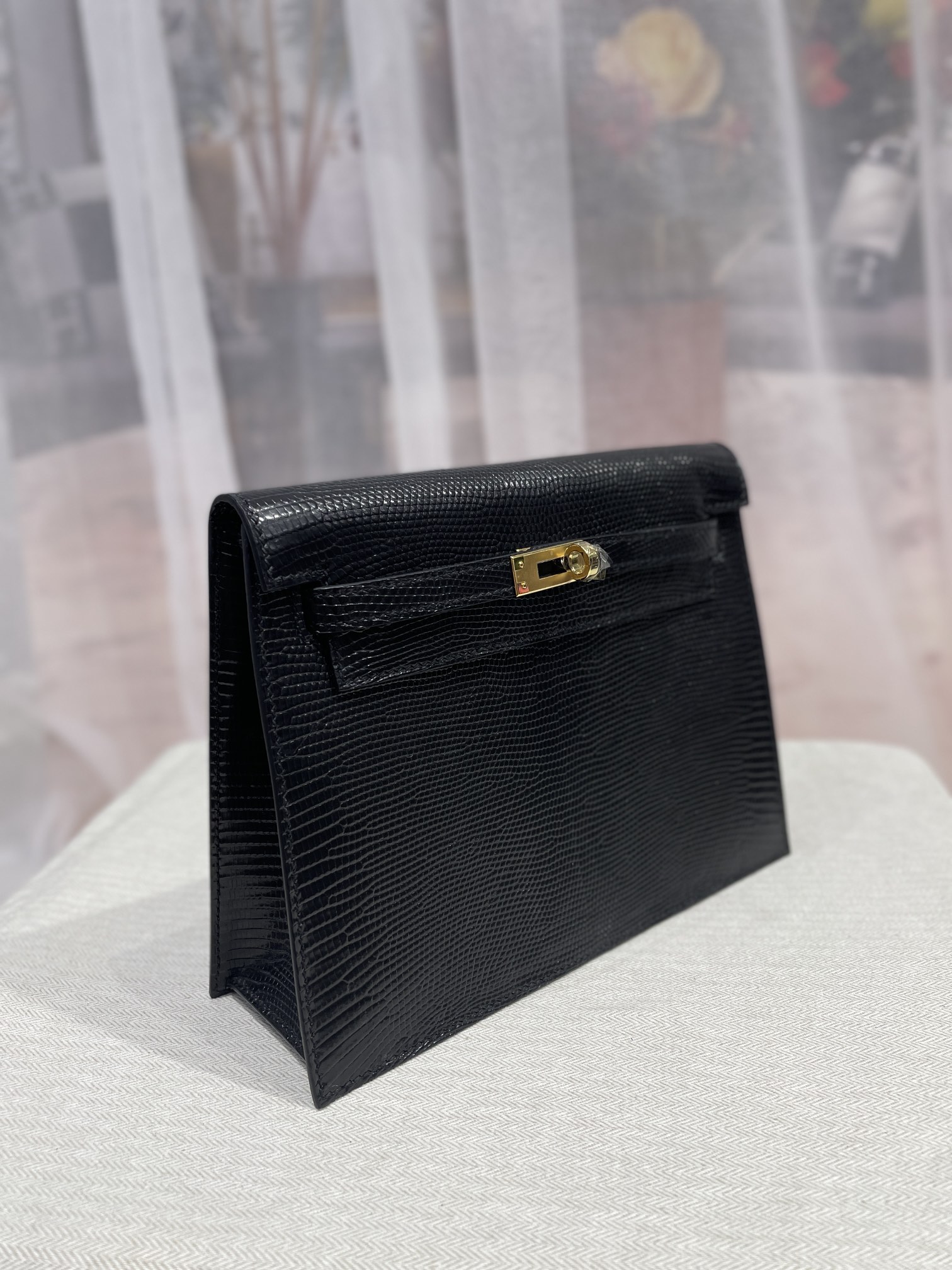 Hermes Kelly Danse Evercolor Bag In Black Lizard Leather